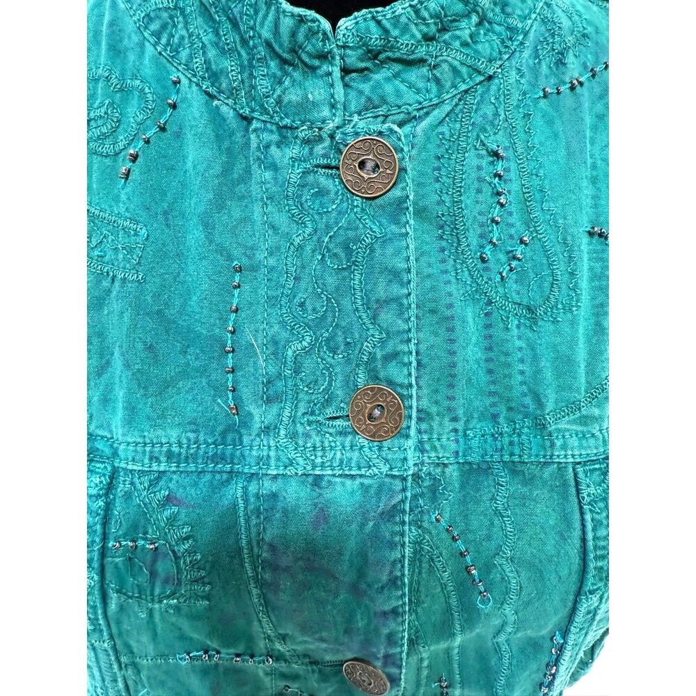 teal canvas embroidered and beaded mandarin mock collar jacket - Picture 4 of 7